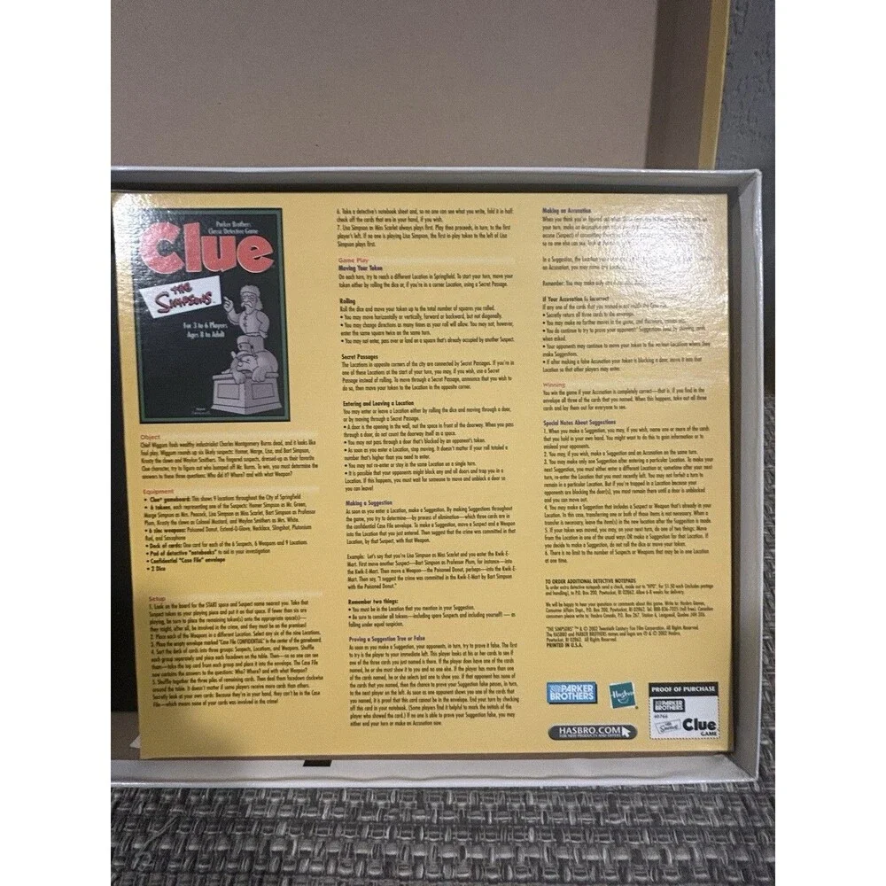 The Simpsons Edition Clue Board Game Parker Brothers 2002 2nd Edition